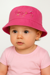 Kız Bebek Fuşya Pul Detaylı Yazlık Şapka | Güneş Koruyucu Pamuklu Bucket Şapka | 2-4 Yaş Keten
