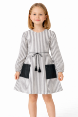 Kız Çocuk 3-12 Yaş Çizgili Elbise – Deri Cepli, Belden Bağcıklı Şık Model 3-4 Yaş
