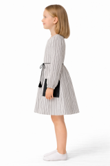 Kız Çocuk 3-12 Yaş Çizgili Elbise – Deri Cepli, Belden Bağcıklı Şık Model 3-4 Yaş
