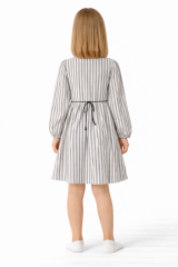 Kız Çocuk 3-12 Yaş Çizgili Elbise – Deri Cepli, Belden Bağcıklı Şık Model 3-4 Yaş