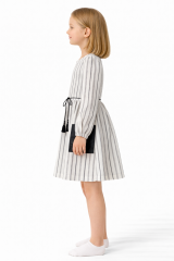 Kız Çocuk 3-12 Yaş Çizgili Elbise – Deri Cepli, Belden Bağcıklı Şık Model 3-4 Yaş