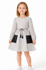 Kız Çocuk 3-12 Yaş Çizgili Elbise – Deri Cepli, Belden Bağcıklı Şık Model 3-4 Yaş