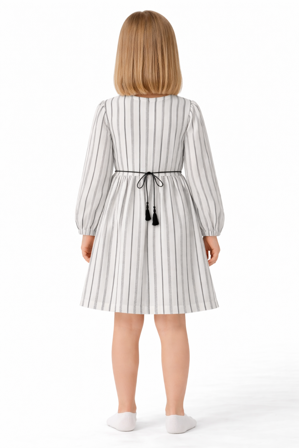 Kız Çocuk 3-12 Yaş Çizgili Elbise – Deri Cepli, Belden Bağcıklı Şık Model 3-4 Yaş