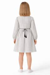 Kız Çocuk 3-12 Yaş Çizgili Elbise – Deri Cepli, Belden Bağcıklı Şık Model 3-4 Yaş