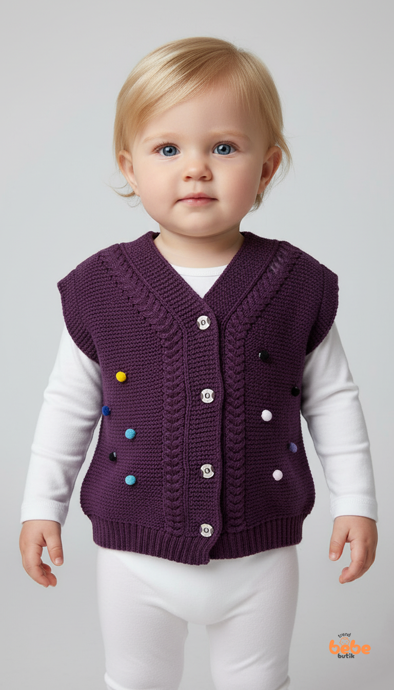 Kız Çocuk Örgü Triko Yelek – Renkli Ponponlu Düğmeli Süveter Günlük Şık Örgü Yelek