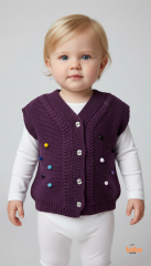 Kız Çocuk Örgü Triko Yelek – Renkli Ponponlu Düğmeli Süveter Günlük Şık Örgü Yelek