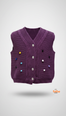 Kız Çocuk Örgü Triko Yelek – Renkli Ponponlu Düğmeli Süveter Günlük Şık Örgü Yelek