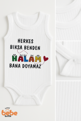 Herkes Bıksa Benden Halam Bana Doyamaz Yazılı Çıtçıtlı Zıbın %100 Pamuklu Bebek Tulum Body Ribana 36 AY