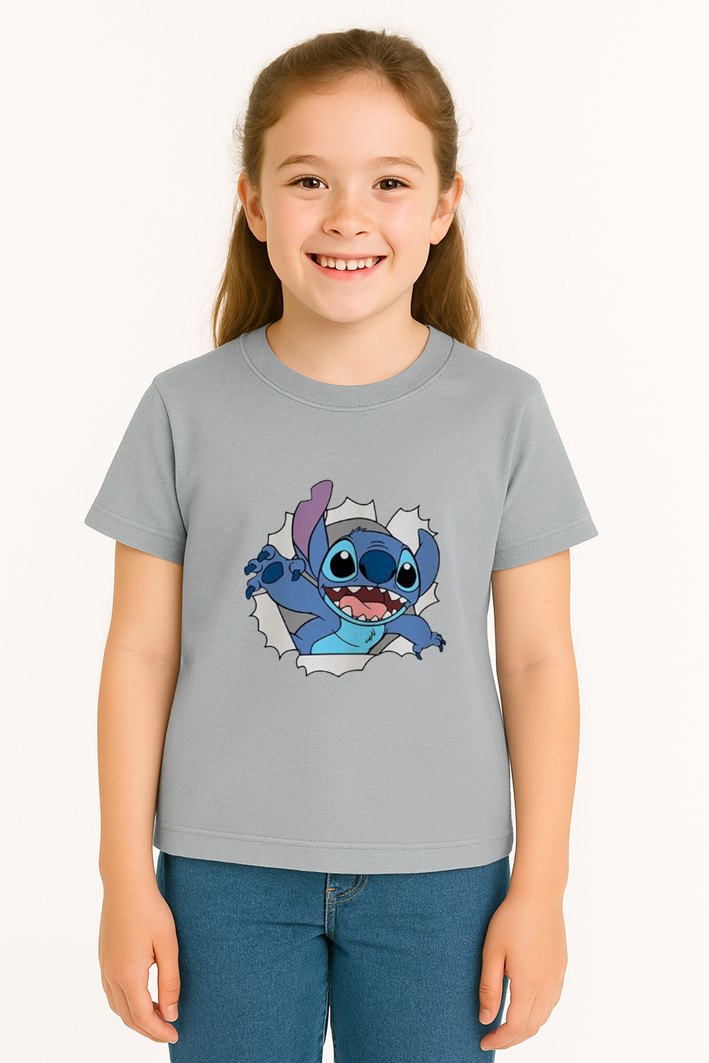 Sevimli Mavi Uzaylı Baskılı Kız Çocuk Tişörtü | Eğlenceli Karakter Desenli Pamuklu Yazlık T-Shirt Gri