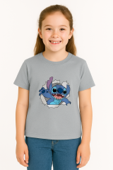 Sevimli Mavi Uzaylı Baskılı Kız Çocuk Tişörtü | Eğlenceli Karakter Desenli Pamuklu Yazlık T-Shirt Gri