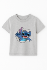 Sevimli Mavi Uzaylı Baskılı Kız Çocuk Tişörtü | Eğlenceli Karakter Desenli Pamuklu Yazlık T-Shirt Gri