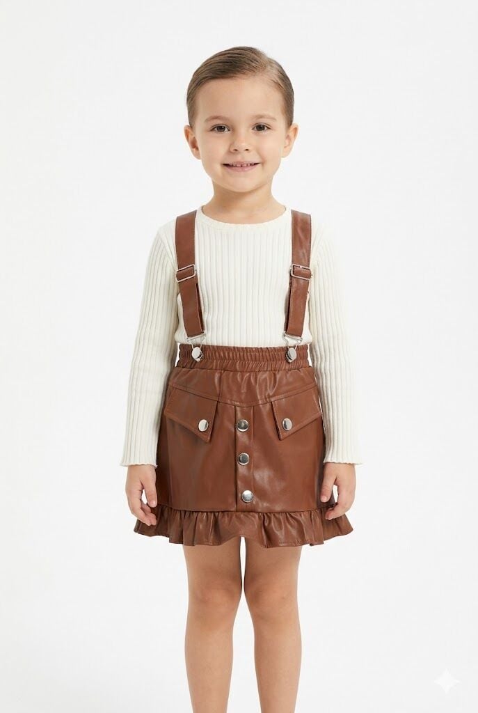 Kız Çocuk Kahverengi Askılı Deri Etek & Ribana Üst Takım 3-6 Yaş 4 YAŞ