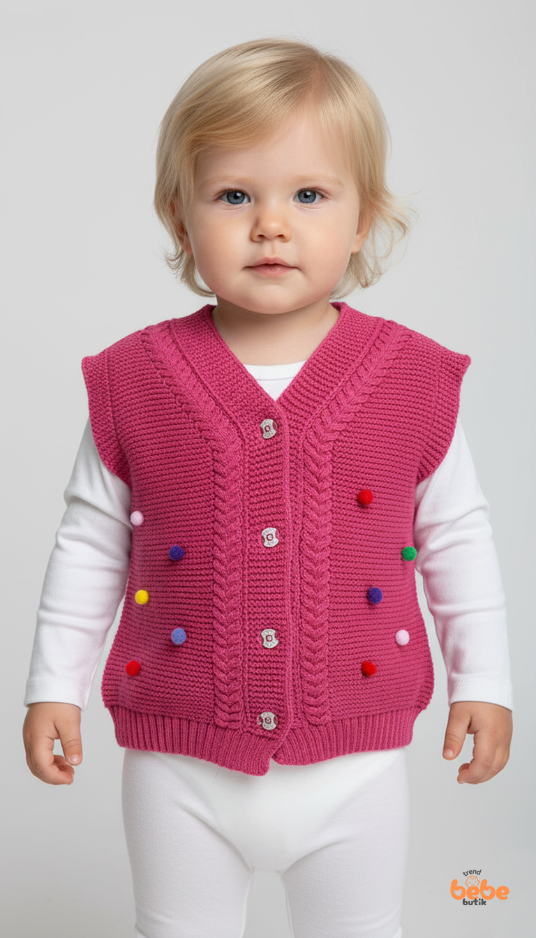 Kız Çocuk Örgü Triko Yelek – Renkli Ponponlu Düğmeli Süveter Günlük Şık Örgü Yelek