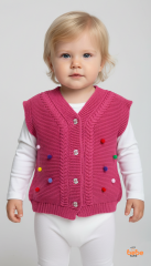 Kız Çocuk Örgü Triko Yelek – Renkli Ponponlu Düğmeli Süveter Günlük Şık Örgü Yelek