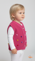 Kız Çocuk Örgü Triko Yelek – Renkli Ponponlu Düğmeli Süveter Günlük Şık Örgü Yelek