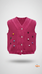 Kız Çocuk Örgü Triko Yelek – Renkli Ponponlu Düğmeli Süveter Günlük Şık Örgü Yelek