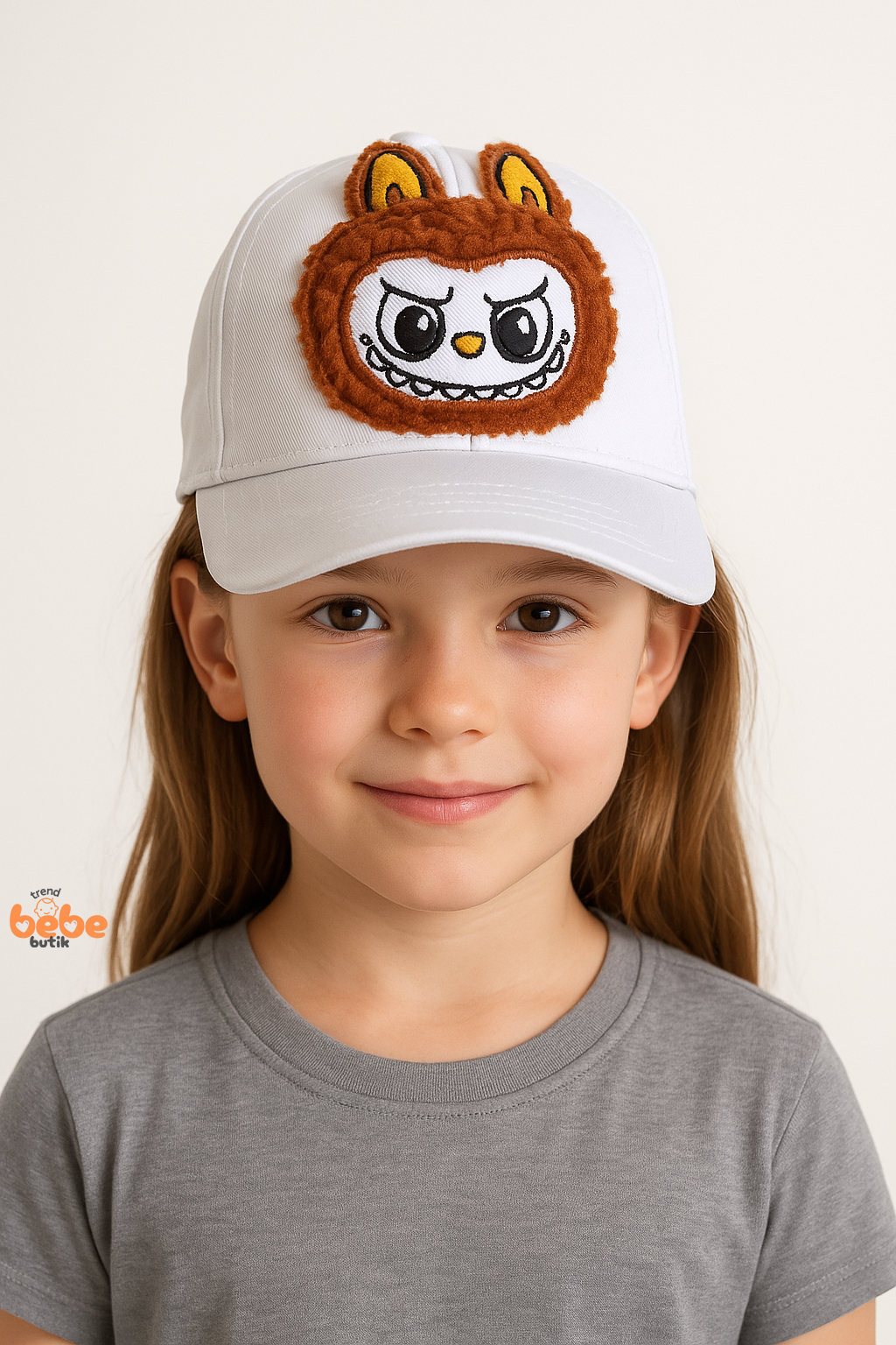 Labubu Karakterli Çocuk Şapka – Sevimli Nakışlı Yazlık Kep 6-12 Yaş Kız Çocuk Şapka Modeli Beyaz Kahverengi