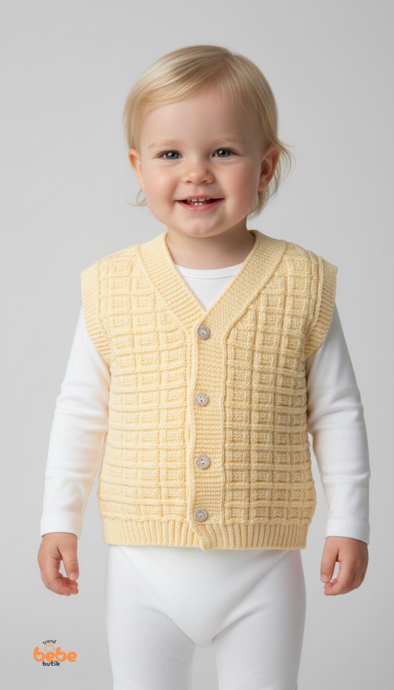 Kız Çocuk Örgü Triko Yelek – Simli Düğmeli Kare Desenli Süveter Rahat Şık Günlük Örgü Yelek