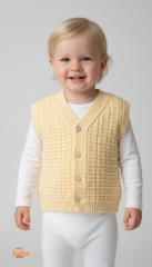 Kız Çocuk Örgü Triko Yelek – Simli Düğmeli Kare Desenli Süveter Rahat Şık Günlük Örgü Yelek