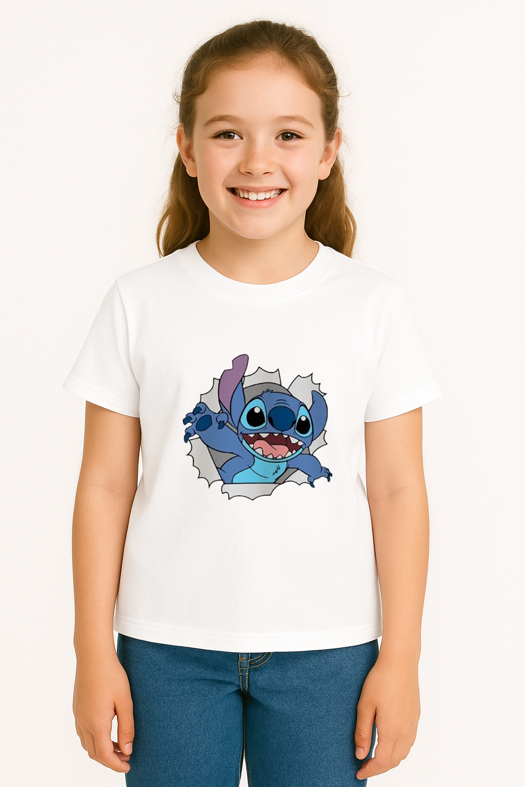 Sevimli Mavi Uzaylı Baskılı Kız Çocuk Tişörtü | Eğlenceli Karakter Desenli Pamuklu Yazlık T-Shirt Beyaz