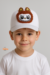 Labubu Karakterli Çocuk Şapka – Sevimli Nakışlı Yazlık Kep 6-12 Yaş Erkek Çocuk Şapka Modeli Beyaz Kahverengi
