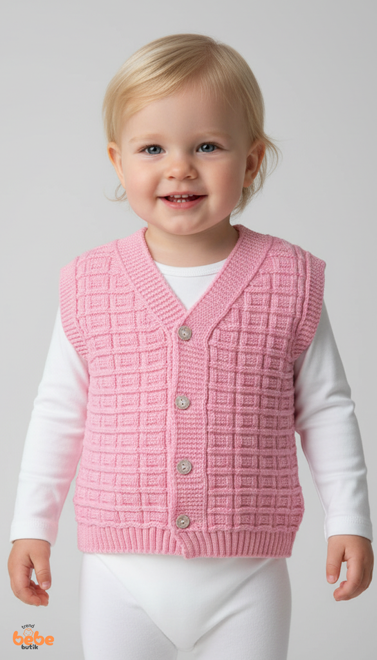 Kız Çocuk Örgü Triko Yelek – Simli Düğmeli Kare Desenli Süveter Rahat Şık Günlük Örgü Yelek