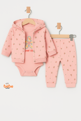Çiçek Desenli 3’lü Bebek Takımı Kapüşonlu Hırka, Uzun Kollu Body & Pantolon %100 Pamuk Ribana Kumaş Pembe 6 AY