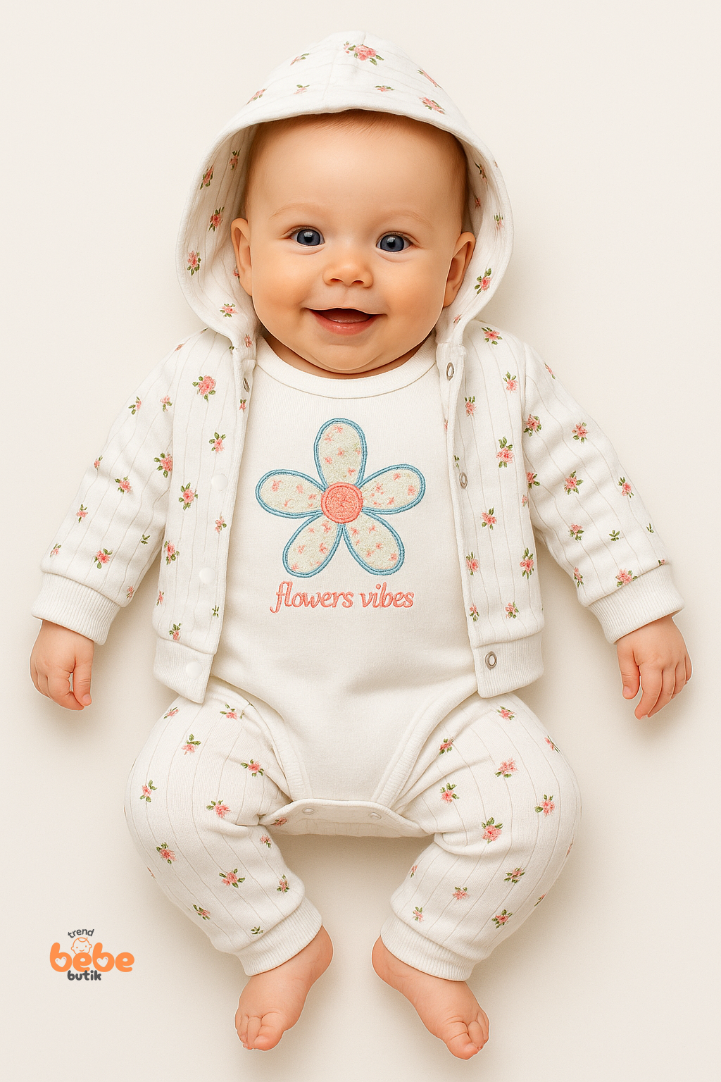 Çiçek Desenli 3’lü Bebek Takımı Kapüşonlu Hırka, Uzun Kollu Body & Pantolon %100 Pamuk Ribana Kumaş Ekru
