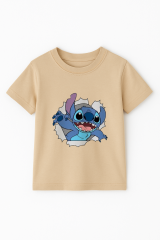 Sevimli Mavi Uzaylı Baskılı Kız Çocuk Tişörtü | Eğlenceli Karakter Desenli Pamuklu Yazlık T-Shirt Bej 3-4 Yaş