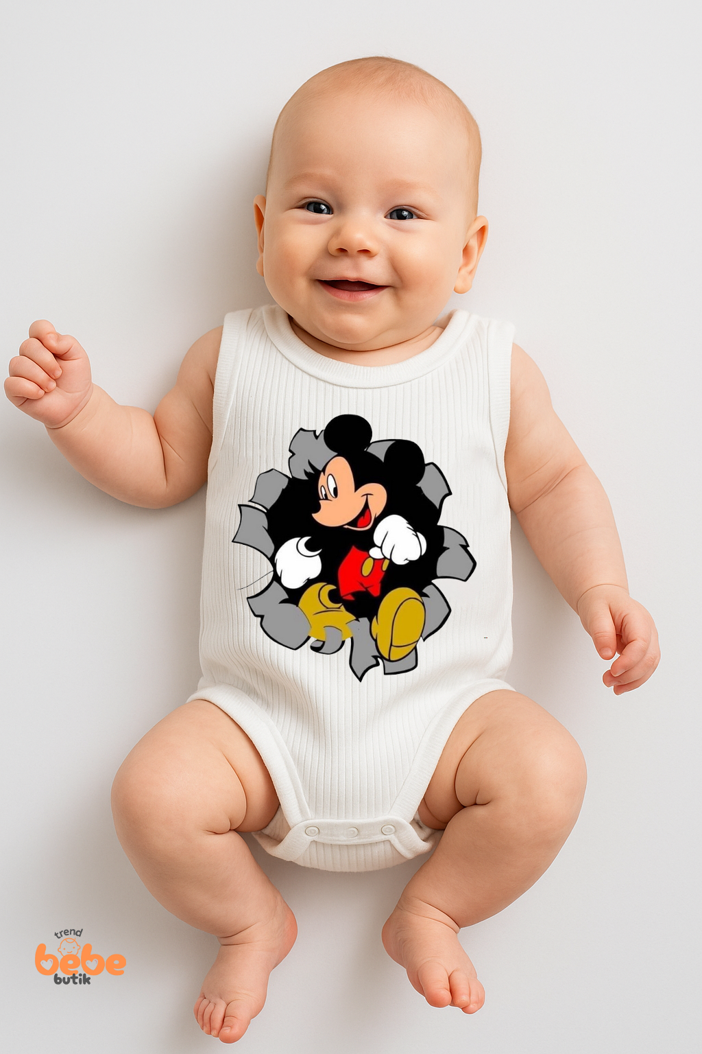 Mickey Mouse Desenli, Kolsuz Zıbın %100 Pamuklu Çıtçıtlı Ribana Bebek Body Fitilli Zıbın 36 AY