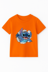 Sevimli Mavi Uzaylı Baskılı Kız Çocuk Tişörtü | Eğlenceli Karakter Desenli Pamuklu Yazlık T-Shirt Turuncu 5-6 Yaş