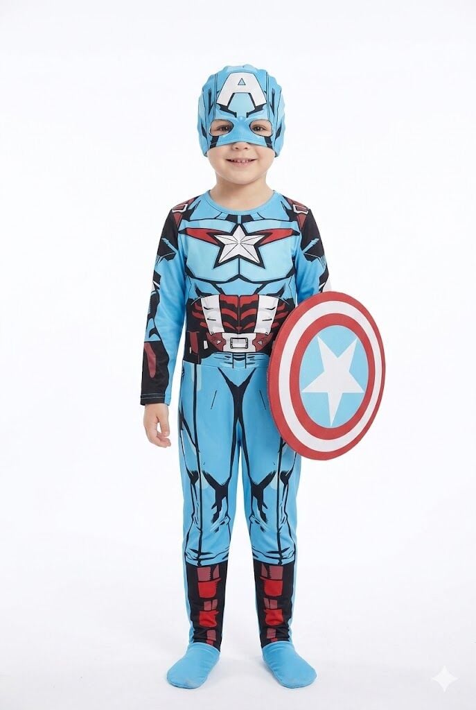 Çocuk Süper Kahraman Kostümü – Kaptan Amerika Maskeli Takım 4-5 Yaş