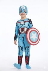 Çocuk Süper Kahraman Kostümü – Kaptan Amerika Maskeli Takım Kaslı Model 3-4 Yaş