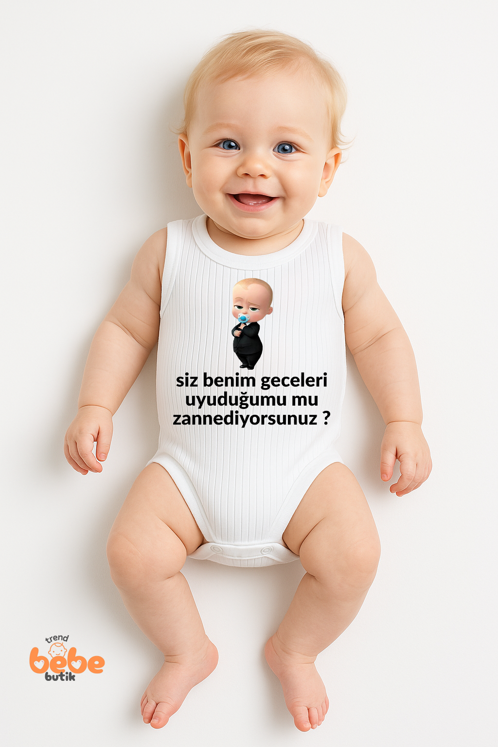 “Siz Benim Geceleri Uyuduğumu mu Zannediyorsunuz?” Baskılı Bebek Ribana Atlet Body %100Pamuklu Zıbın 36 AY