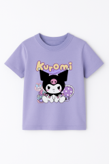 Kuromi Baskılı Kız Çocuk Tişörtü Renkli Pamuklu T-shirt Sevimli Anime Karakter Desenli Günlük Basic Lila