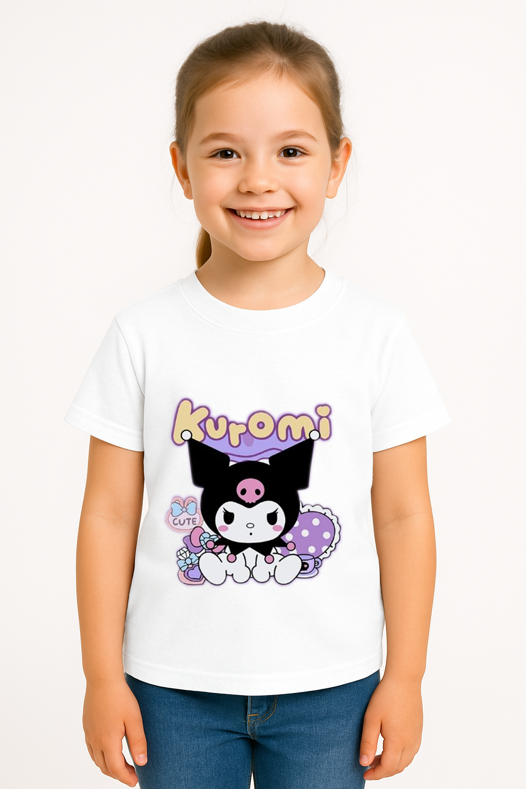 Kuromi Baskılı Kız Çocuk Tişörtü Renkli Pamuklu T-shirt Sevimli Anime Karakter Desenli Günlük Basic Beyaz 7-8 Yaş