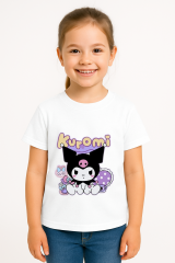 Kuromi Baskılı Kız Çocuk Tişörtü Renkli Pamuklu T-shirt Sevimli Anime Karakter Desenli Günlük Basic Beyaz 7-8 Yaş