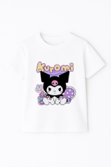 Kuromi Baskılı Kız Çocuk Tişörtü Renkli Pamuklu T-shirt Sevimli Anime Karakter Desenli Günlük Basic Beyaz 7-8 Yaş