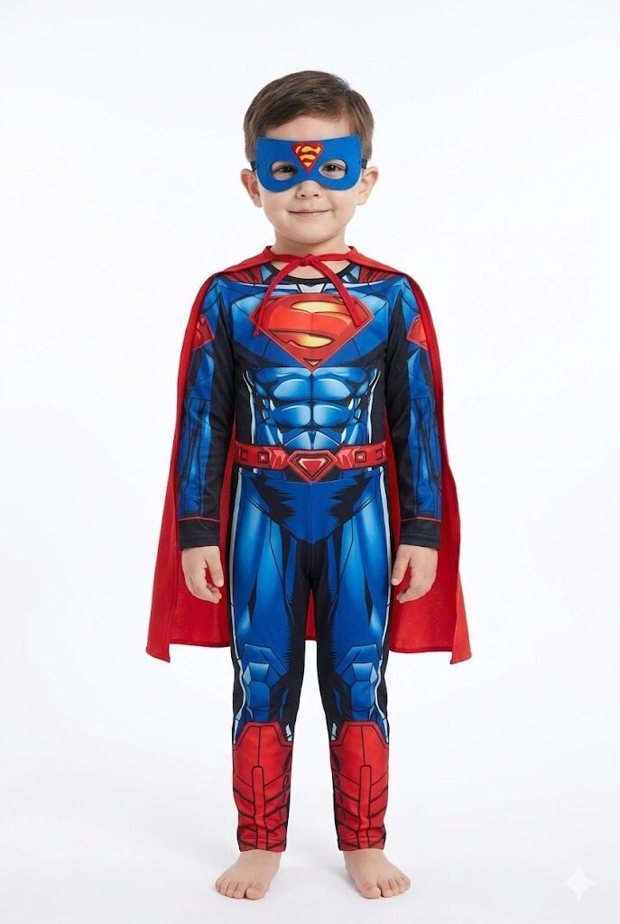 Superman Kostümü 3-8 Yaş Çocuk – Tam Set Maskeli Kahraman Kombin Kaslı Model 4-5 Yaş