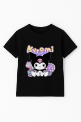 Kuromi Baskılı Kız Çocuk Tişörtü Renkli Pamuklu T-shirt Sevimli Anime Karakter Desenli Günlük Basic Siyah 7-8 Yaş