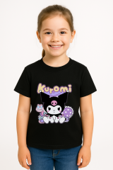Kuromi Baskılı Kız Çocuk Tişörtü Renkli Pamuklu T-shirt Sevimli Anime Karakter Desenli Günlük Basic Siyah 7-8 Yaş