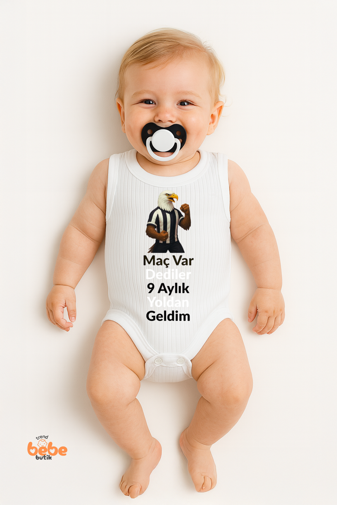 Maç Var Dediler 9 Aylık Yoldan Geldim Yazılı Kartal Baskılı Bebek Zıbın Body Çıtçıtlı %100 Pamuklu 36 AY