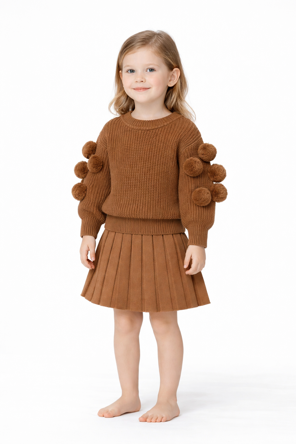 Kahverengi Ponpon Detaylı Kız Bebek Triko Etek Takım 06-24 Ay 06-12 Ay