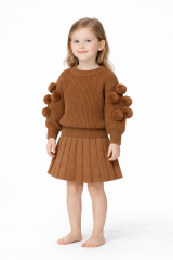 Kahverengi Ponpon Detaylı Kız Bebek Triko Etek Takım 06-24 Ay 18-24 Ay