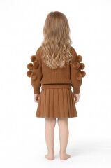 Kahverengi Ponpon Detaylı Kız Bebek Triko Etek Takım 06-24 Ay 06-12 Ay