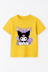 Kuromi Baskılı Kız Çocuk Tişörtü Renkli Pamuklu T-shirt Sevimli Anime Karakter Desenli Günlük Basic Sarı 5-6 Yaş