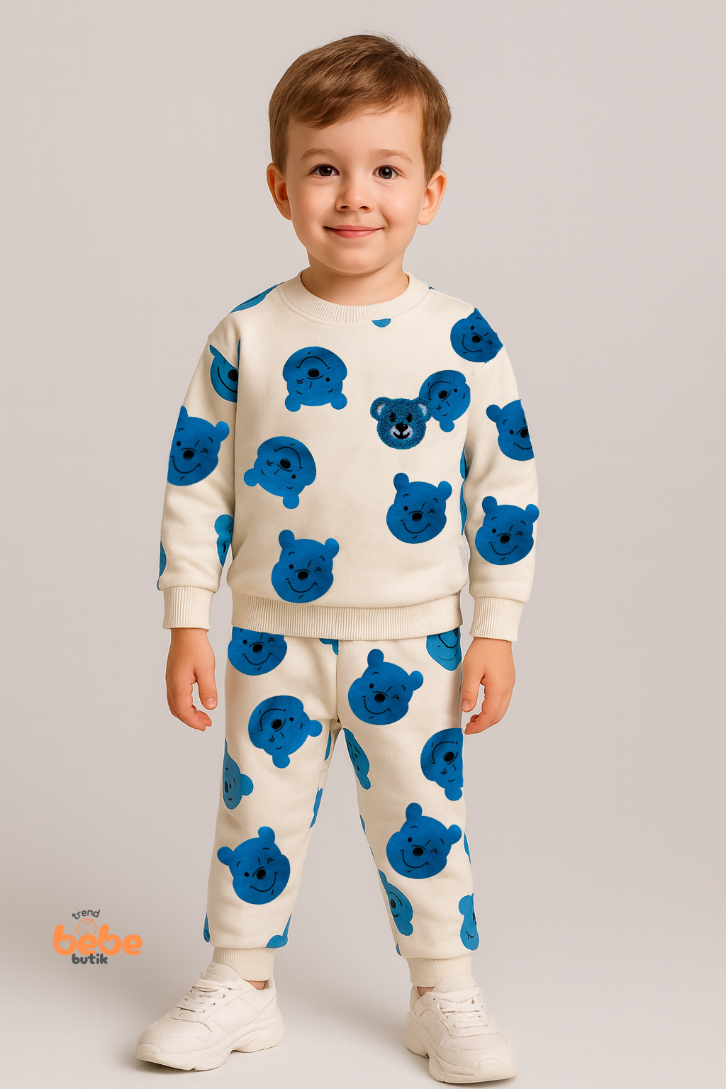 Erkek Çocuk 2’li Alt Üst Takım,Bisiklet Yaka Ayıcık Desenli Sweatshirt ve Eşofman Altı Günlük Giyim