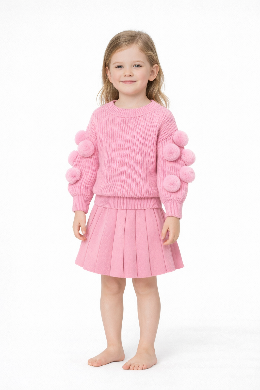 Pembe Ponpon Detaylı Kız Bebek Triko Etek Takım 06-24 Ay 06-12 Ay