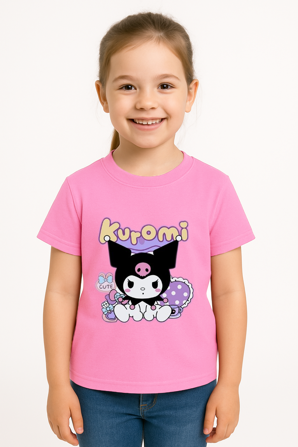 Kuromi Baskılı Kız Çocuk Tişörtü Renkli Pamuklu T-shirt Sevimli Anime Karakter Desenli Günlük Basic Pembe 5-6 Yaş