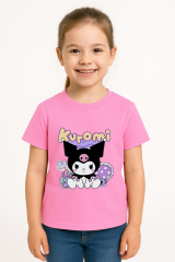 Kuromi Baskılı Kız Çocuk Tişörtü Renkli Pamuklu T-shirt Sevimli Anime Karakter Desenli Günlük Basic Pembe 5-6 Yaş